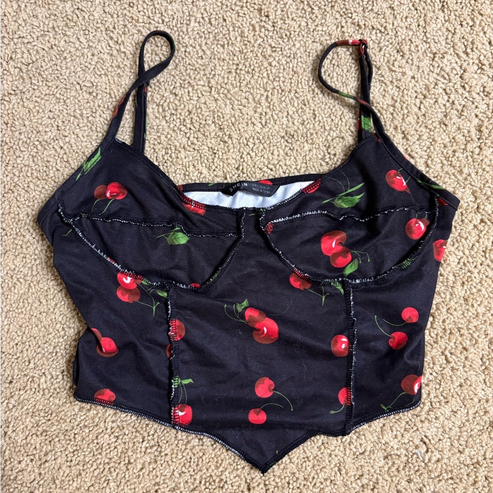 Cherry Print Black Crop Top